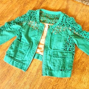 ESKEY S Teal Flower Crop Cutout Jacket Crochet Knit Mermaid Top Green 1/4